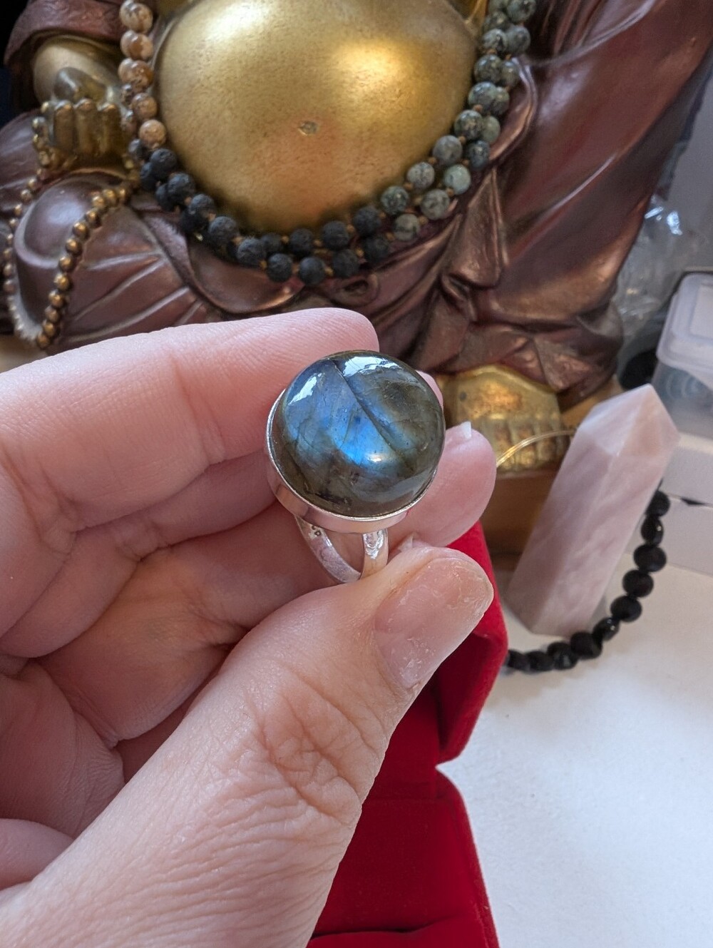 Vintage Handmade Blue Flash Labradorite Sterling Silver Round Statement Ring 10